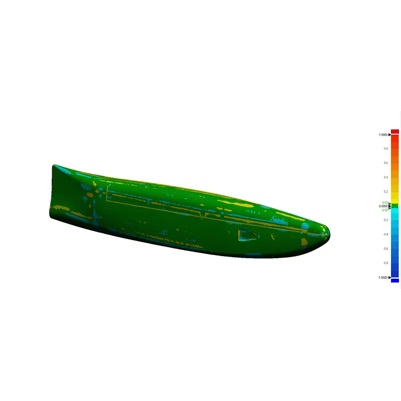 A 3D scan data overlay on a CAD model at Prozix, showing a color-coded deviation heatmap for dimensional quality control and inspection.