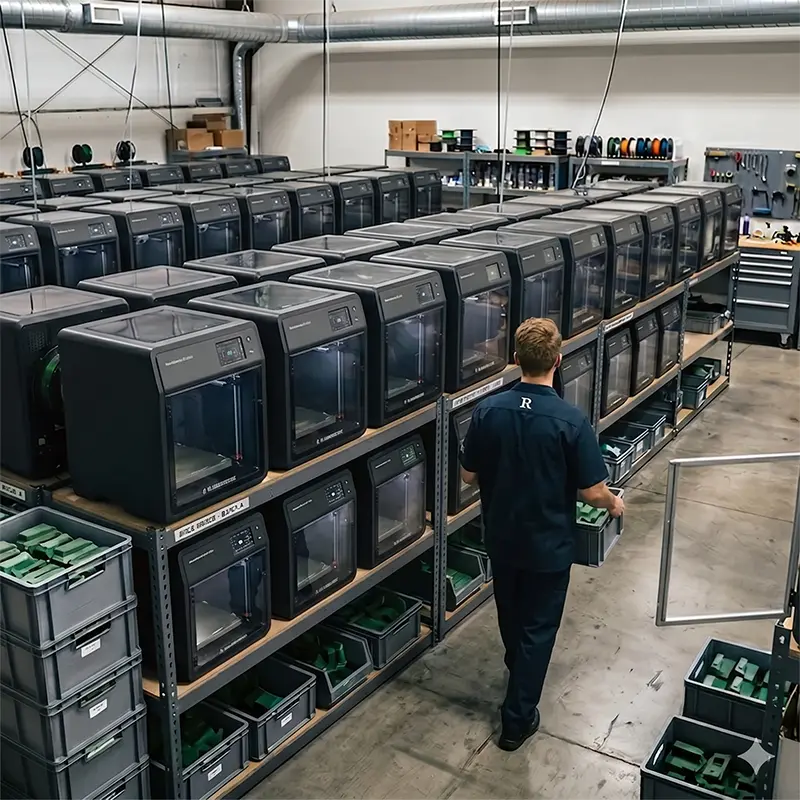A high-capacity industrial 3D print farm at Prozix producing functional mechanical components using high-temperature PPS-CF composites.