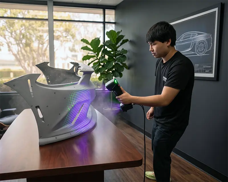 Bruce from Prozix using a high-precision metrology 3D scanner to capture the surface geometry of a Saleen vehicle fascia.