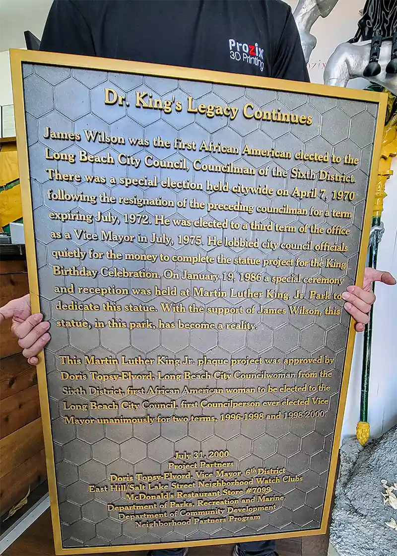 A custom 3D printed plaque for the City of Long Beach, manufactured by Prozix using UV-resistant ASA material for long-term outdoor display.