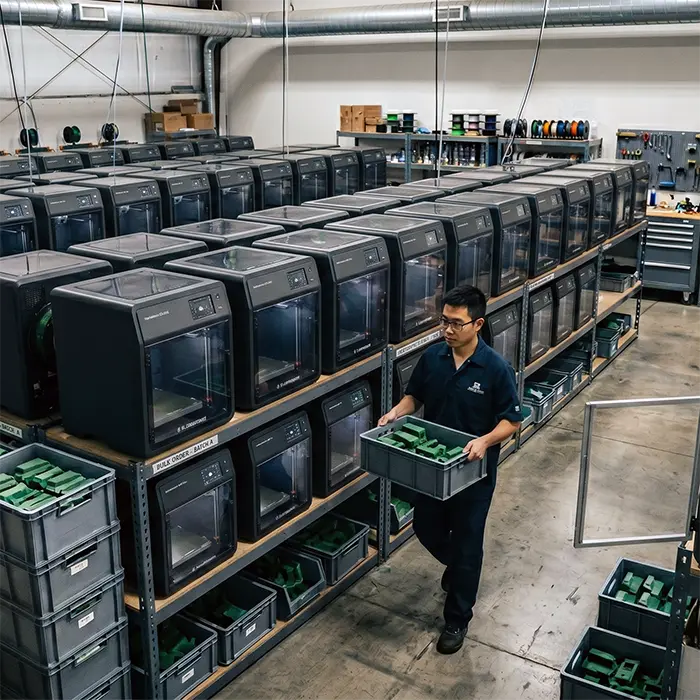 A high-capacity industrial 3D print farm at Prozix producing functional mechanical components using high-temperature PPS-CF composites.